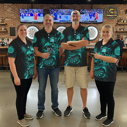 Custom Turquoise Smokes Grunge Skull Men Darts Polo Shirt US Flag Skull Dart League Jerseys NYN2125