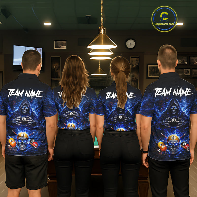 Blue Flames Grim Reaper Pool 8 Ball & 9 Ball Billiard Shirt For Men Custom Billiard Team Jerseys NYN2630