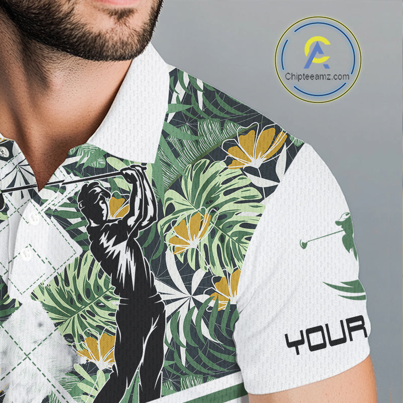 Custom Name Green Tropical Golf Mens Polo Shirt, White Golf Jerseys Best Floral Golf Gifts NYN2993