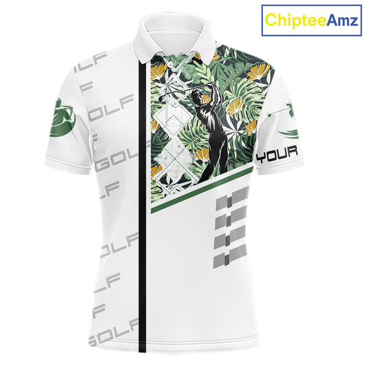 Custom Name Green Tropical Golf Mens Polo Shirt, White Golf Jerseys Best Floral Golf Gifts NYN2993