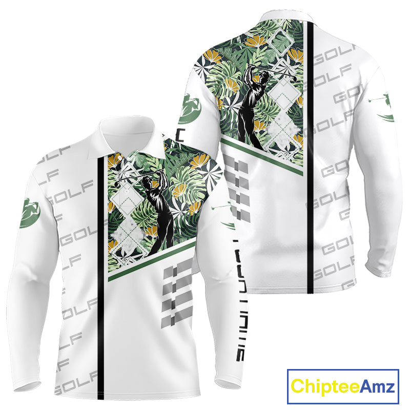 Custom Name Green Tropical Golf Mens Polo Shirt, White Golf Jerseys Best Floral Golf Gifts NYN2993