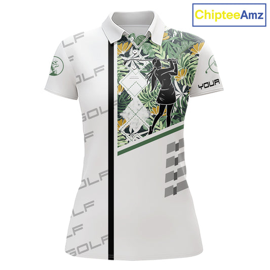Custom Name Green Tropical Golf Womens Polo Shirt, White Golf Jerseys Best Floral Golf Gifts NYN2993
