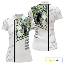 Load image into Gallery viewer, Custom Name Green Tropical Golf Womens Polo Shirt, White Golf Jerseys Best Floral Golf Gifts NYN2993