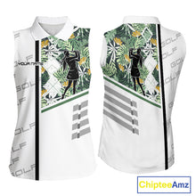 Load image into Gallery viewer, Custom Name Green Tropical Golf Women Sleeveless Polo Shirt, White Golf Jerseys Best Floral Golf Gifts NYN2993