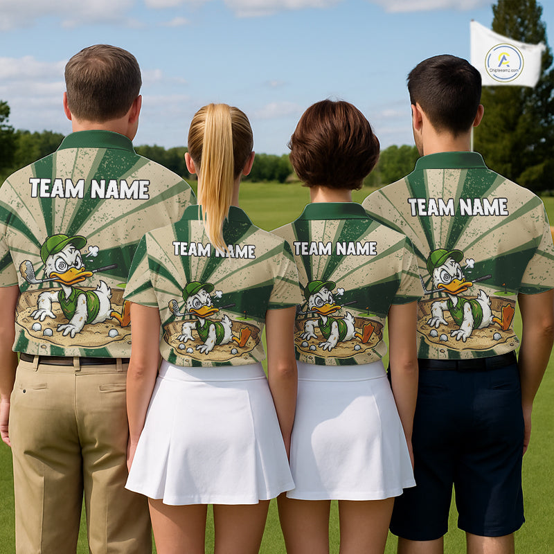 Mens Funny Duck Golf Shirts Grunge Green Beige Golf Clothing Custom Golf Team Polo, Golf Upf Shirts NYN2998