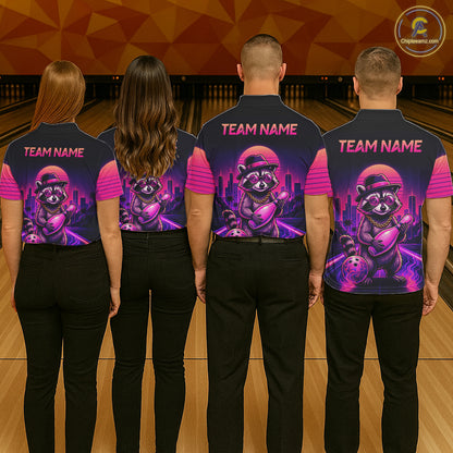 Funny Rich Raccoon Bowling Shirts For Women Custom Neon Bowling Polo & Quarter-Zip Jerseys NYN3415