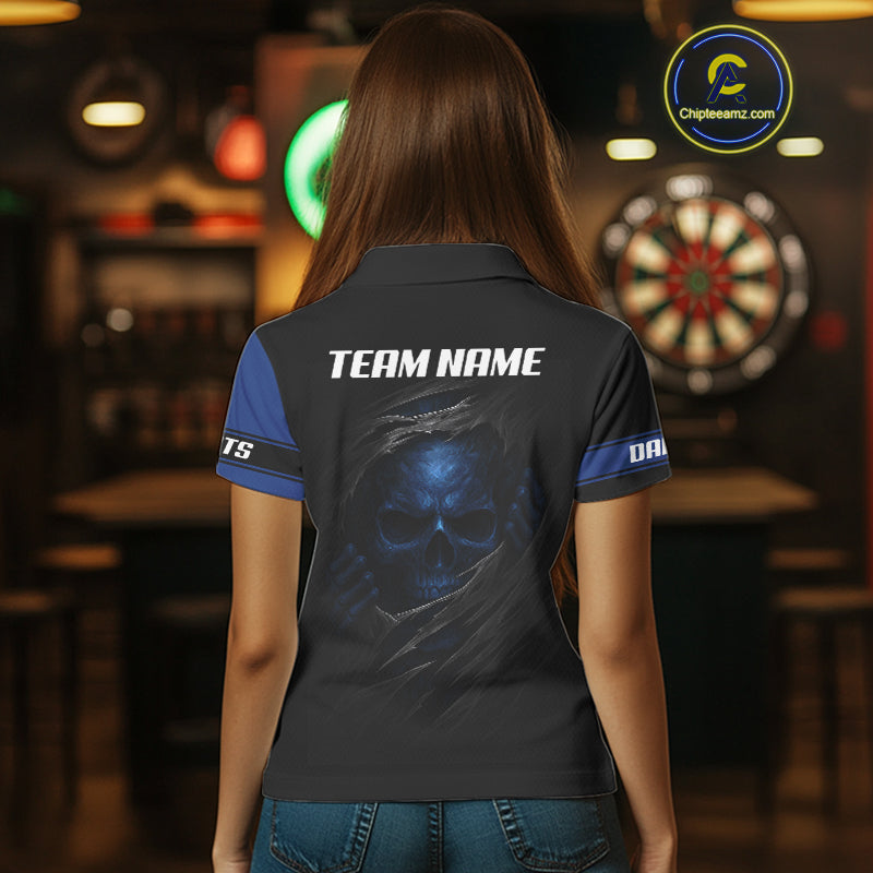 Blue Skeleton & Dartboard Custom Polo Darts Shirt For Women - Darts Team Jersey NYN0701