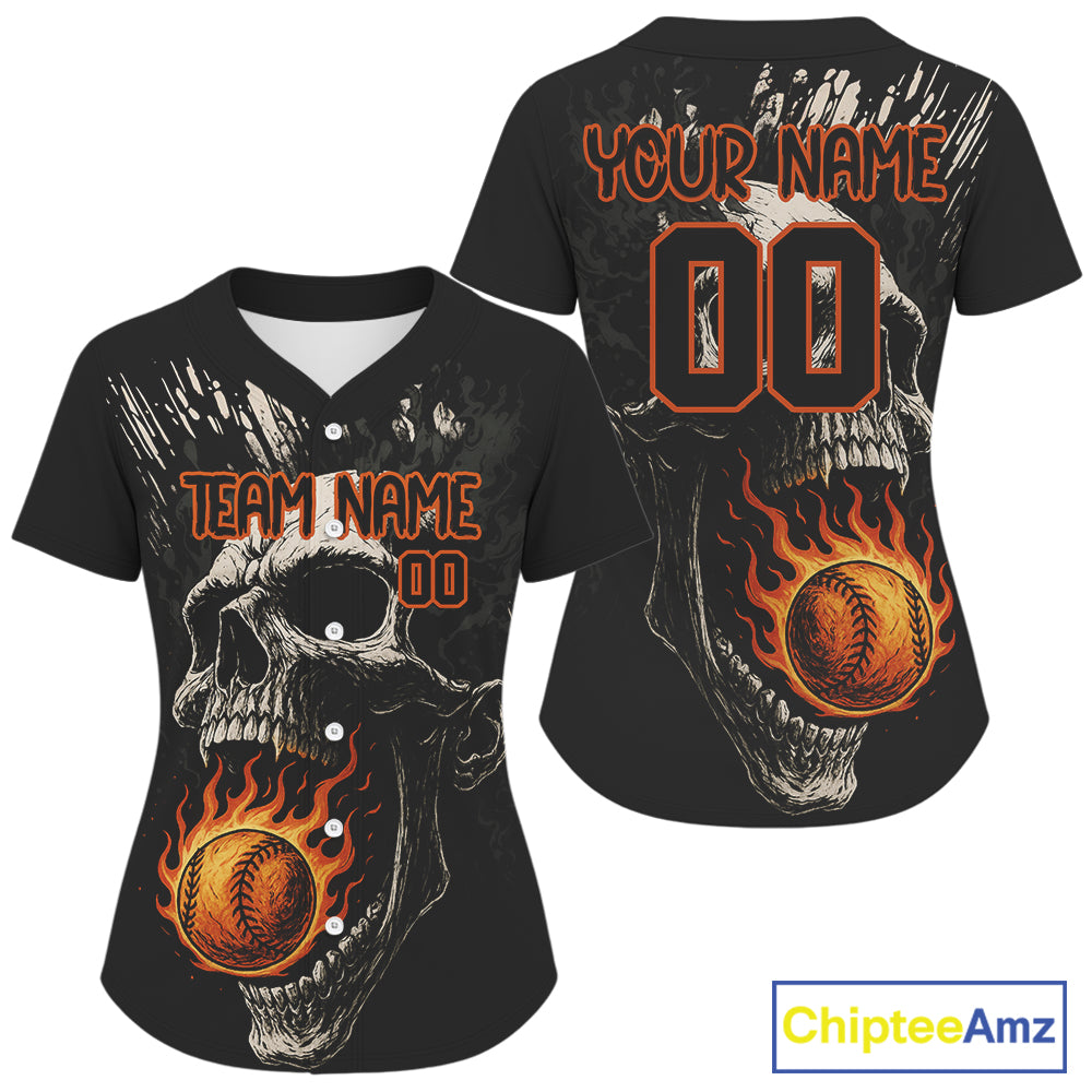 Custom Black Grunge Fire Flames Baseball Ball Shirt For Women Horror Baseball Jerseys NYN1572