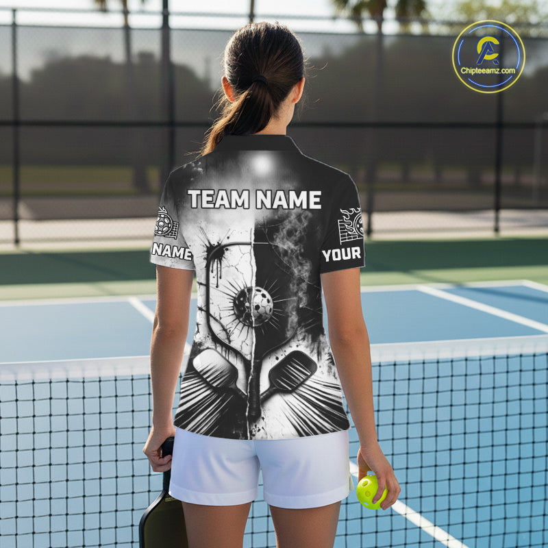 Custom Black White Pickleball Ball League Jerseys Grunge Pickleball Paddle Shirts For Women NYN2135