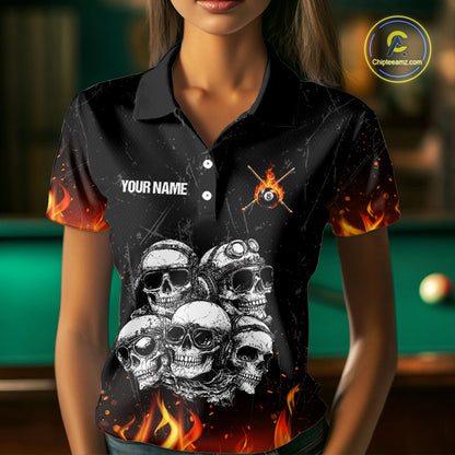 Funny Skulls Flame 8 Ball Women Billiard Team Shirts Custom Pool Ball Billiard Shirt Designs NYN2403