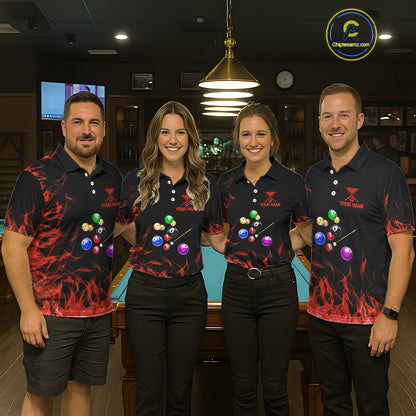 Red Flames Pool Balls Men Billiard Polo & 1/4-Zip Apparel Custom Billiard Team Shirt Designs NYN2405