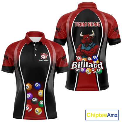 Red Funny Bull Pool Balls Men Billiard Polo & 1/4-Zip Apparel Custom Billiard Shirt Designs NYN2408