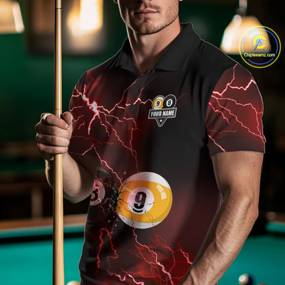 Male model wearing Thunder Lightning Red custom billiard polo, 8 Ball 9 Ball pool team jersey, cue sports championship apparel, league uniform