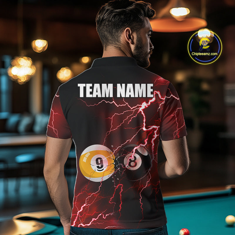 Male model wearing Thunder Lightning Red custom billiard polo, 8 Ball 9 Ball pool team jersey, cue sports championship apparel, league uniform