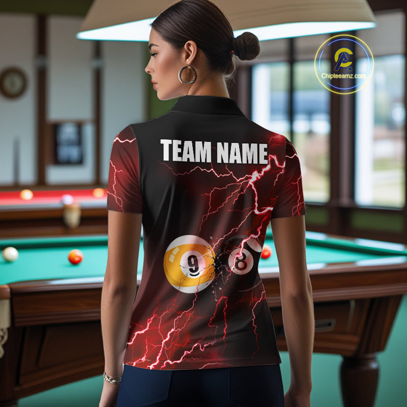 Female model wearing Thunder Lightning Red women's pool polo, custom billiard tournament jersey, cue sport apparel, league team outfit, gift for pool players