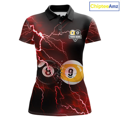 Thunder Lightning Red 8 Ball & 9 Ball women's billiard polo shirt, custom pool team jersey, cue sports apparel, league uniform, championship tournament golf-style polo