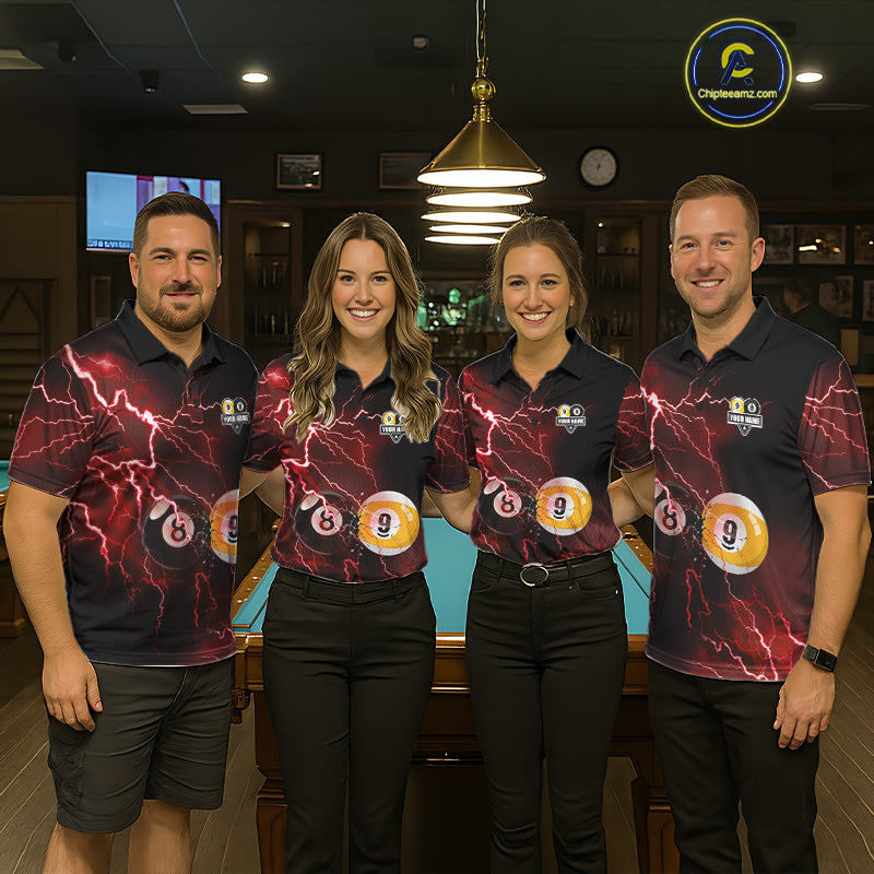 Thunder Lightning Red custom billiard team jerseys for men and women, matching 8 Ball 9 Ball pool uniforms, league apparel,tournament team shirts