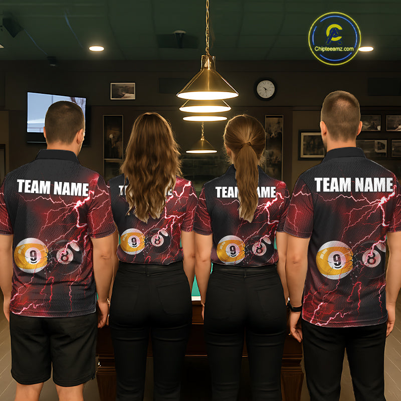 Thunder Lightning Red custom billiard team jerseys for men and women, matching 8 Ball 9 Ball pool uniforms, league apparel,  tournament team shirts