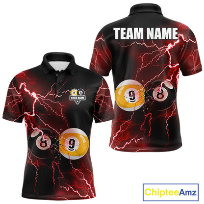 Thunder Lightning Red men's 8 Ball 9 Ball pool polo jersey, custom billiards team shirt, cue sport league apparel, bar league uniform, personalized tournament polo