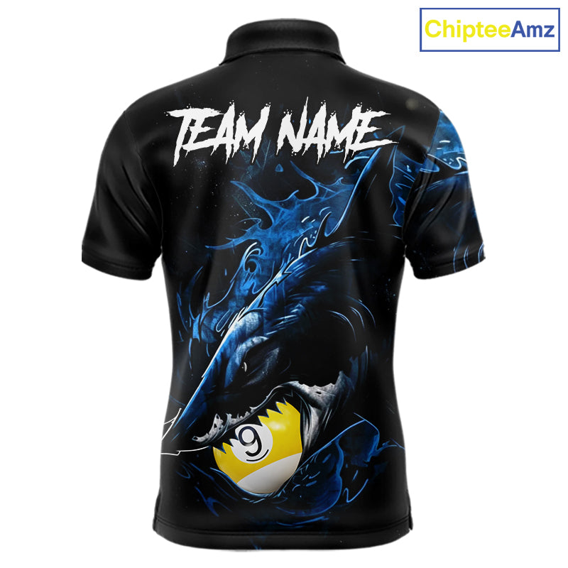 Funny Shark Blue men's billiard polo jersey, custom pool team shirt with shark artwork, cue sports apparel, league championship uniform, player gift