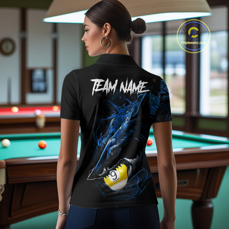 Female model wearing Funny Shark women's billiard polo, custom pool team jersey, cue sports apparel, tournament clothing, fun player gift