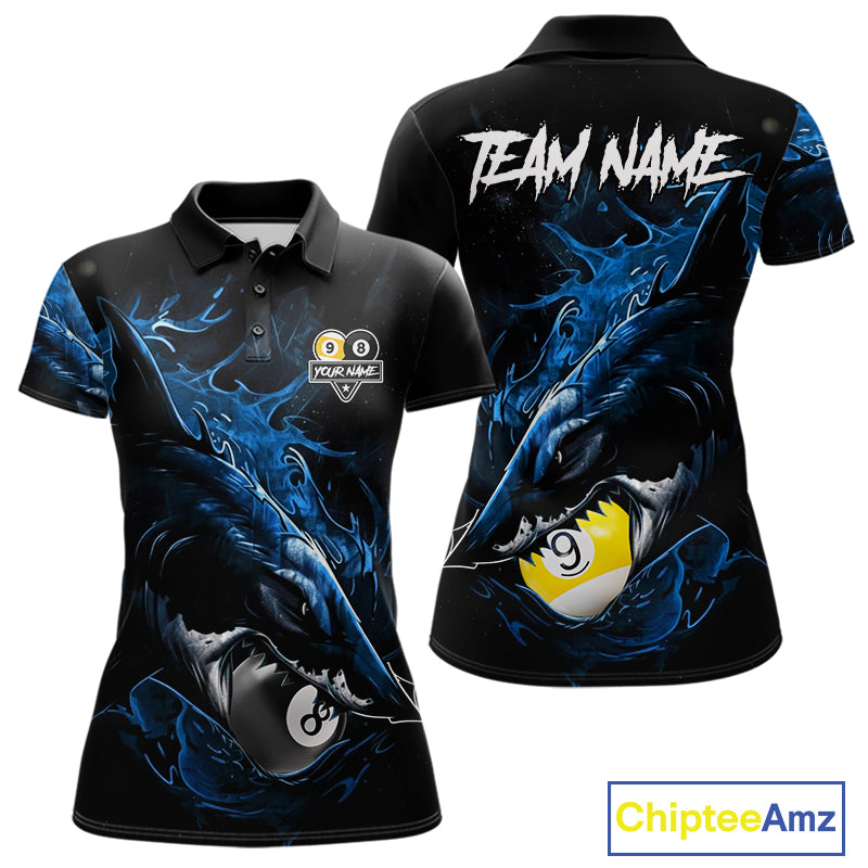Funny Shark Blue women's pool polo shirt featuring playful shark and 8 Ball 9 Ball artwork, custom billiard team jersey, cue sports apparel, fun tournament uniform