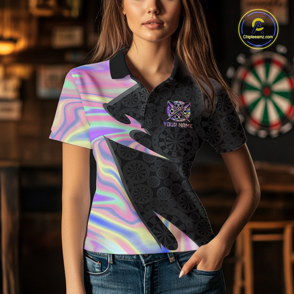 Female model wearing Lightning Pink Ribbon darts polo, custom awareness dart jersey, Breast Cancer fundraising apparel, personalized league tournament clothing, supportive athletic performance wear
