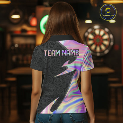 Female model wearing Lightning Pink Ribbon darts polo, custom awareness dart jersey, Breast Cancer fundraising apparel, personalized league tournament clothing, supportive athletic performance wear
