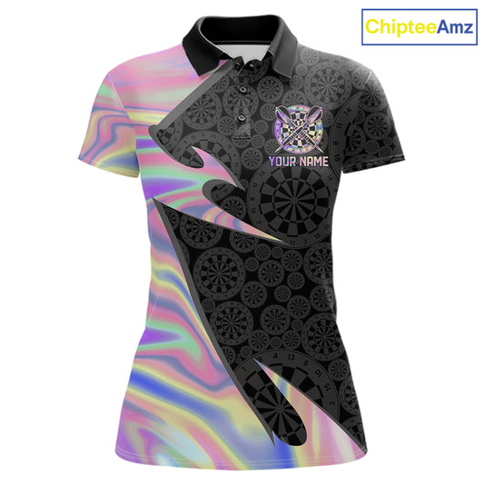 Pink Holographic dartboard women's darts polo on black background, custom darts tournament jersey, personalized league shirt, iridescent performance apparel, steel tip darts clothing, modern athletic team uniform