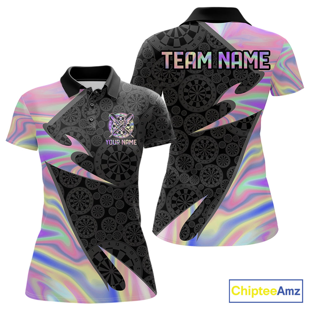 Pink Holographic dartboard women's darts polo on black background, custom darts tournament jersey, personalized league shirt, iridescent performance apparel, steel tip darts clothing, modern athletic team uniform