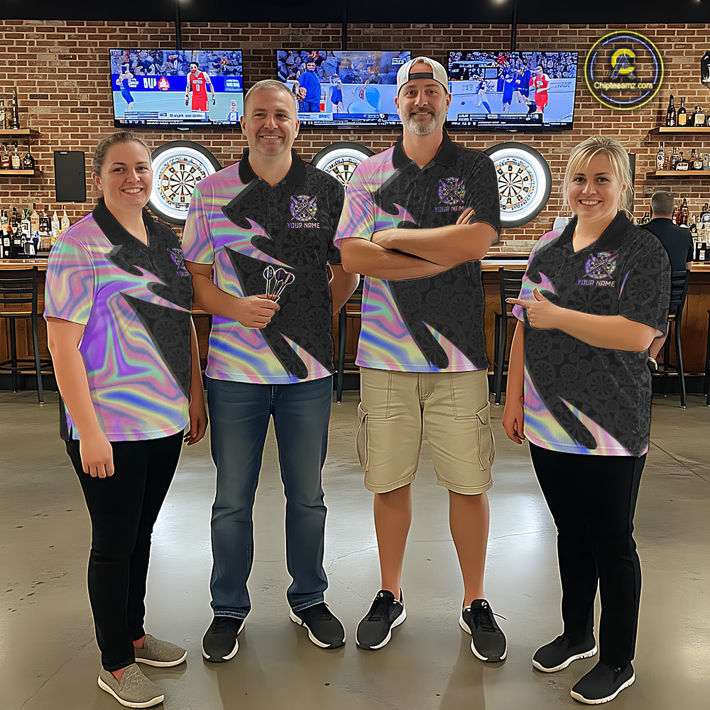 Coordinated Pink Ribbon darts team jerseys for men and women, Breast Cancer Awareness tournament uniforms, charity fundraising apparel, custom league shirts, inspirational team clothing, community event jerseys