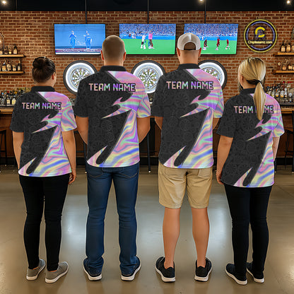 Coordinated Pink Ribbon darts team jerseys for men and women, Breast Cancer Awareness tournament uniforms, charity fundraising apparel, custom league shirts, inspirational team clothing, community event jerseys