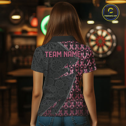 Female model wearing Black & Pink Ribbon Grunge darts polo, custom awareness tournament jersey, personalized league apparel, stylish distressed athletic uniform