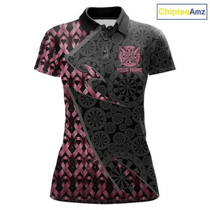 Black & Pink Ribbon Grunge women's darts polo featuring distressed artwork, custom darts tournament jersey, awareness league apparel, personalized team uniform, edgy athletic performance clothing