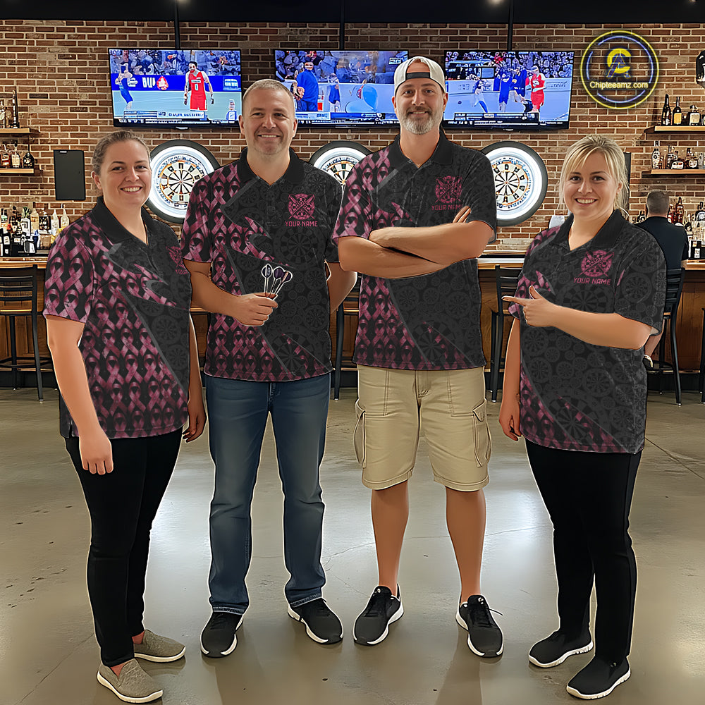 Matching Black & Pink Ribbon Grunge darts team uniforms, awareness tournament jerseys, personalized dart league apparel, custom charity team clothing, championship sports uniforms