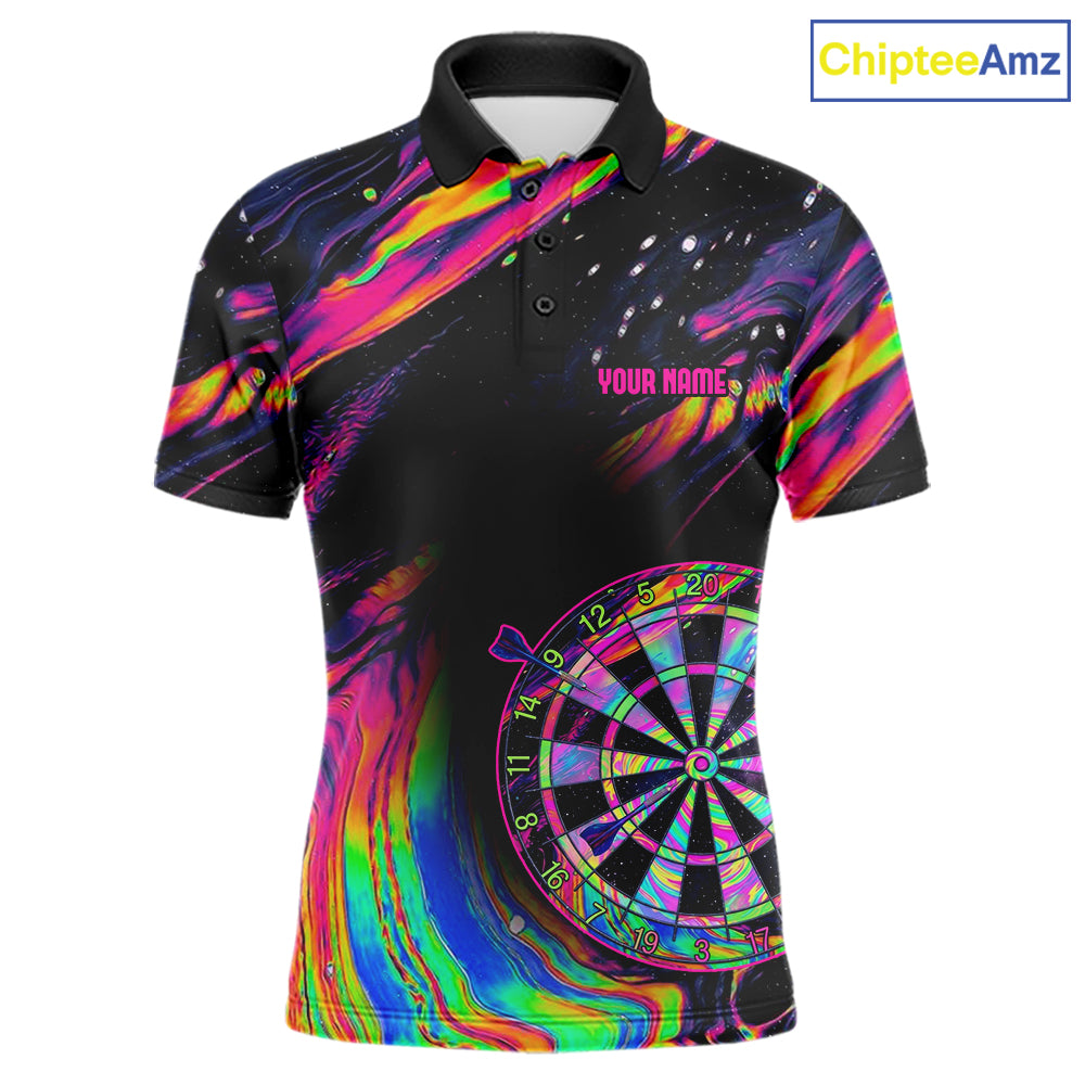 Psychedelic Holographic US Flag men's darts polo with colorful American flag graphics, personalized dart tournament jersey, custom league performance clothing