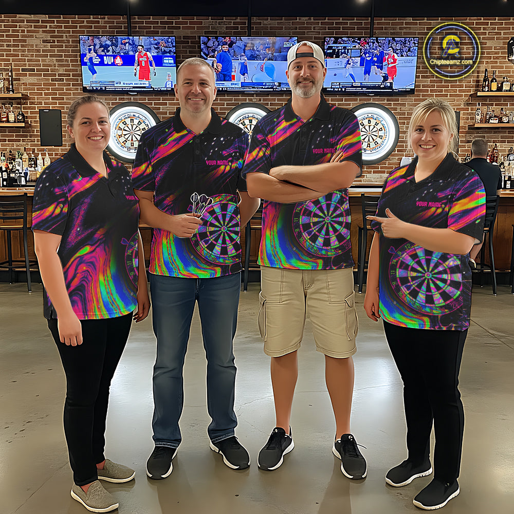 Female model wearing Psychedelic US Flag darts polo, custom patriotic league jersey, colorful performance tournament clothing, vibrant sports apparel