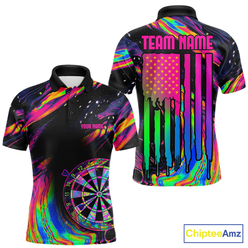 Psychedelic Holographic US Flag men's darts polo with colorful American flag graphics, personalized dart tournament jersey, custom league performance clothing