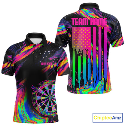 Psychedelic Holographic US Flag men's darts polo with colorful American flag graphics, personalized dart tournament jersey, custom league performance clothing
