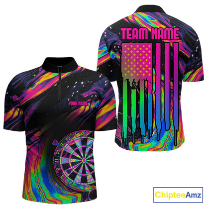 Men's Psychedelic Holographic quarter-zip darts shirt with vibrant dartboard graphics, personalized patriotic tournament jersey, custom performance sportswear