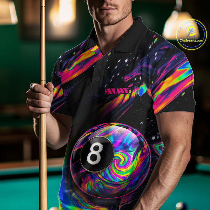 Male model wearing holographic 8 Ball billiard polo, custom pool team jersey, cue sports apparel, championship tournament clothing