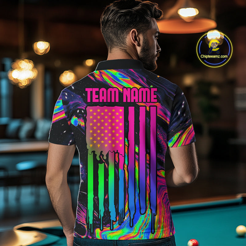 Male model wearing holographic 8 Ball billiard polo, custom pool team jersey, cue sports apparel, championship tournament clothing