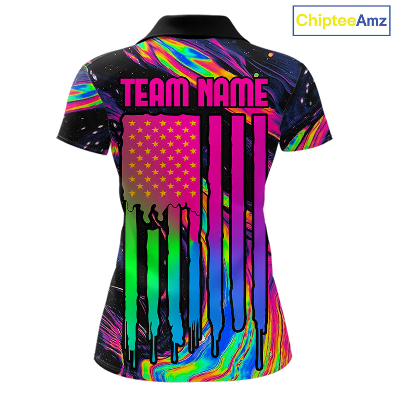 Colorful Holographic women's 8 Ball pool polo shirt, custom billiard tournament jersey, rainbow cue sports apparel, personalized team uniform, championship clothing