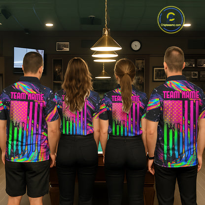 Colorful holographic custom billiard team jerseys featuring 8 Ball artwork, matching pool tournament uniforms, cue sports apparel, league championship shirts