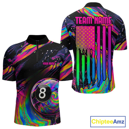 Men's holographic quarter zip billiard jersey, custom 8 Ball pool tournament shirt, cue sports apparel, league championship uniform