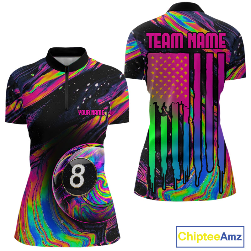 Women's holographic quarter zip 8 Ball pool jersey featuring colorful iridescent artwork, custom billiards championship apparel, cue sports team clothing
