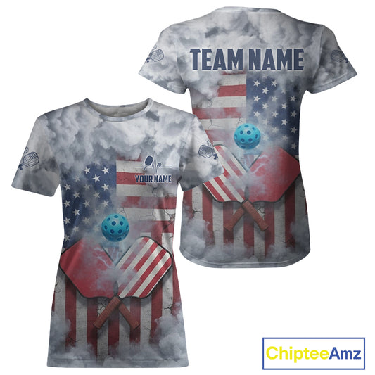 Custom Grey Smokes USA Flag Women's Pickleball T-Shirt Patriotic Pickleball Jerseys NYN1883