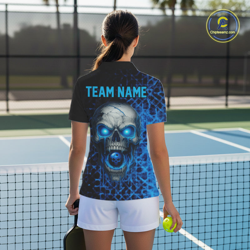 Custom Blue Dripping Skull Pickleball Ball League Jerseys Women Pickleball Paddle Shirts NYN2144