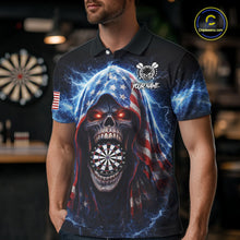Load image into Gallery viewer, American Flag Thunder Grim Reaper Dartboard Men Darts Polo Shirt Custom Patriotic Dart League Shirt NYN2641