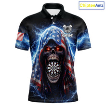 Load image into Gallery viewer, American Flag Thunder Grim Reaper Dartboard Men Darts Polo Shirt Custom Patriotic Dart League Shirt NYN2641